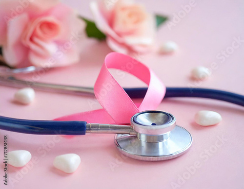 A pink ribbon and a stethoscope on a pink background