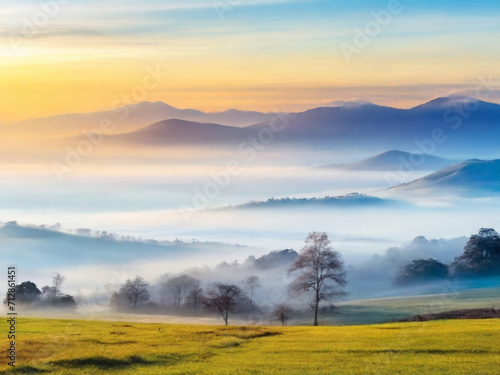 Surreal view from above fluffy clouds blanketing rolling hills at sunrise ai image 