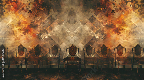 The chairs sit empty, their wooden frames untouched by the fire and smoke that fill the polluted room after an explosion, the heat and chaos of the outdoors now a distant memory