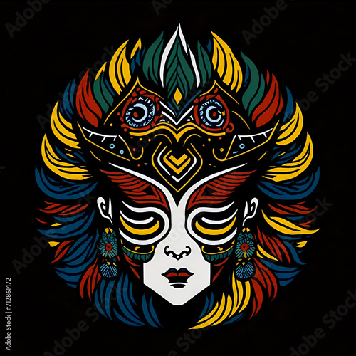 colorful tribal art and folklore illustration on dark backround 