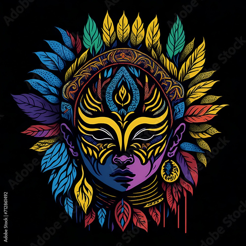 colorful tribal art and folklore illustration on dark backround 