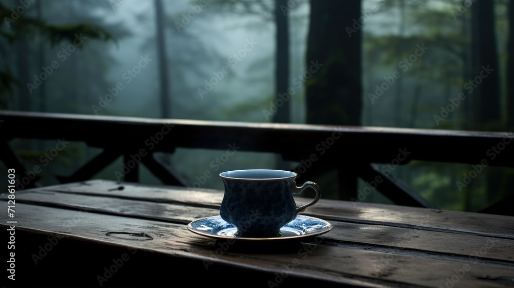 A finely crafted woodcut depicting a tea cup on a weathered table A finely crafted woodcut depicting a tea cup on a weathered table