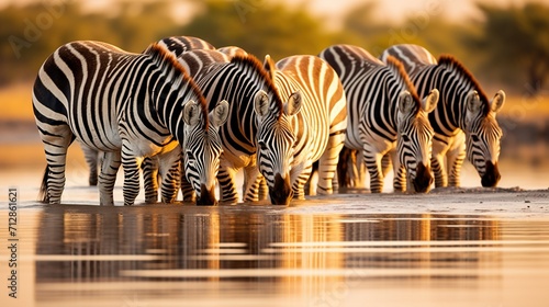 A herd of zebras congregating near a watering hole, their reflections shimmering in the clear