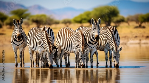 A herd of zebras congregating near a watering hole  their reflections shimmering in the clear