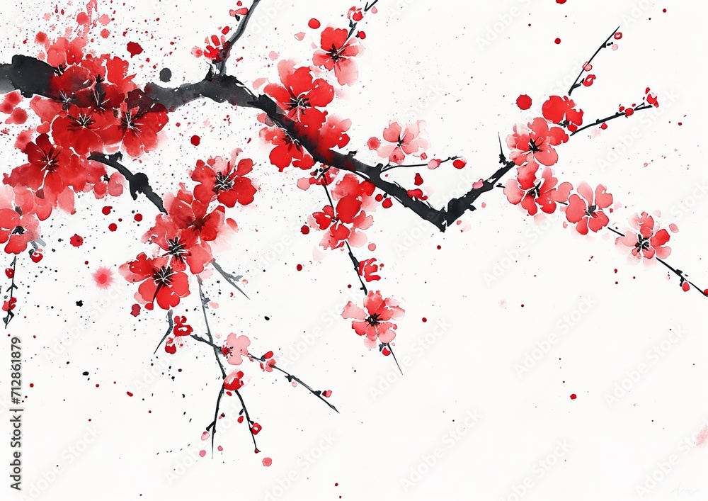 A painting of a cherry blossom branch with red flowers and black branches on a white background.