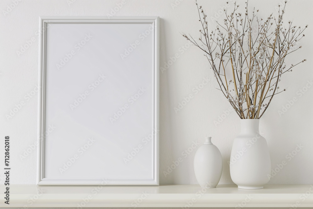 Fresh minimalist illustration, white background with green plants and blank photo frame design template Fresh minimalist illustration, white background with green plants and blank photo frame design template