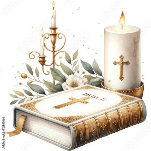 Bible with a Christian candle, A watercolor painting of a Bible with a Christian candle placed behind it on the right, incorporating some gold elements, baptism, PNG Clipart Transparent Background