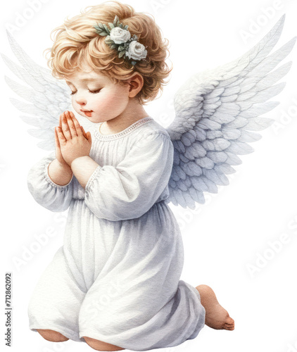 Angel, A watercolor painting of a cupid with wings, dressed in white, in a praying pose with hands put together, baptism, PNG Clipart, High Quality Transparent Backgrounds