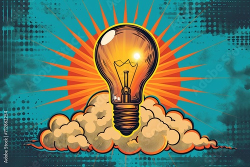 Bulb with clouds pop art retro. Comic book style, background, Illustration