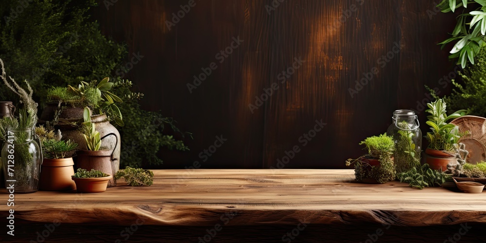 Rustic table with nature-themed backdrop, display template. Rustic table with nature-themed backdrop, display template.
