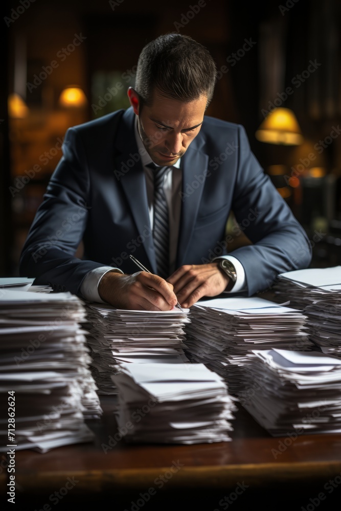 Businessman's hands arranging a neat stack of paperwork on his office desk, Generative AI