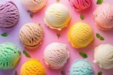Scoops of colorful ice cream balls. Top view, Background