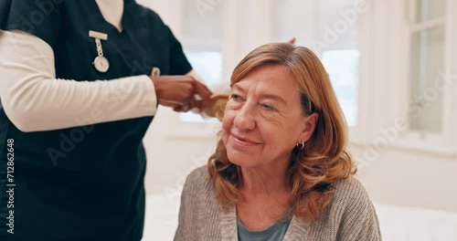 Nurse, old woman and brushing hair with grooming, routine and help with retirement, treatment and relax. Caregiver, pensioner and elderly lady with beauty, support and apartment with wellness or home photo