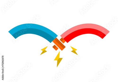 Blue and red broken electric cable wire short circuit icon flat vector design