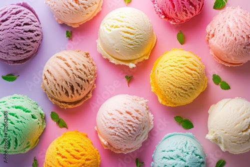 Scoops of colorful ice cream balls. Top view, Background