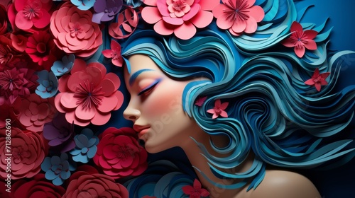 Women's Day hand crafted paper cutout art background, flowers in the shape of a woman's head, in the style of soft gradients © wanna