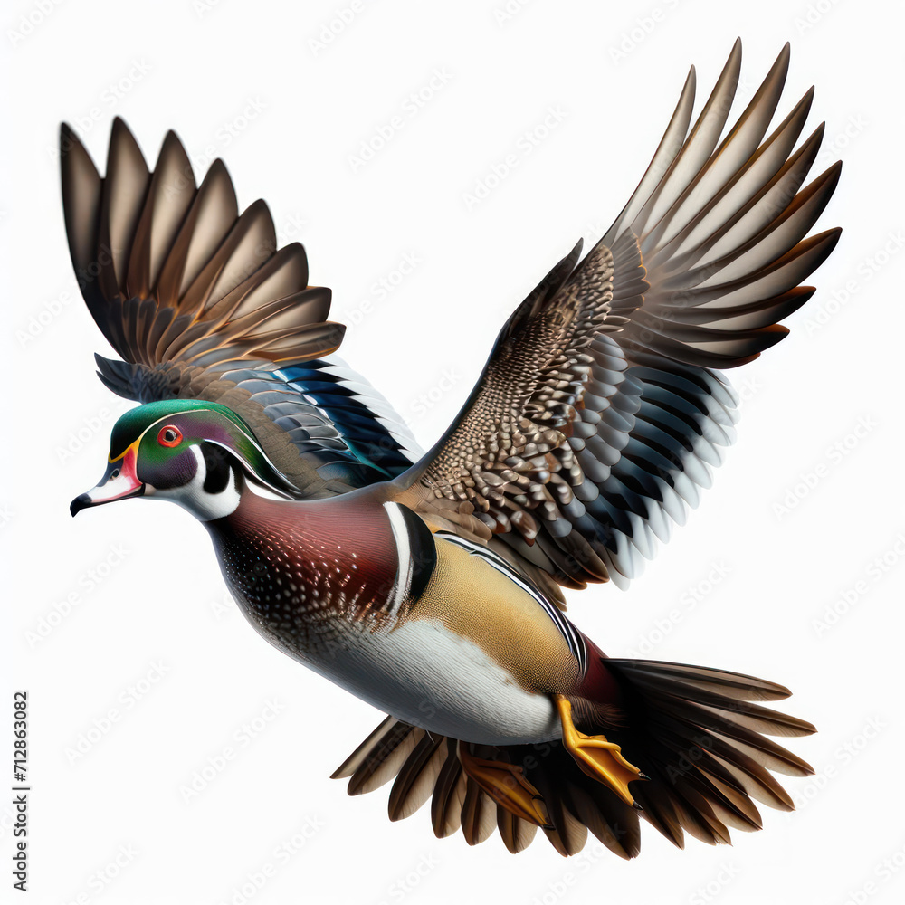 Fototapeta premium Wood duck, Carolina duck (Aix sponsa), beautiful , pato joyuyo, huyuyo, de la Florida, pato de Carolina, isolated on White background.