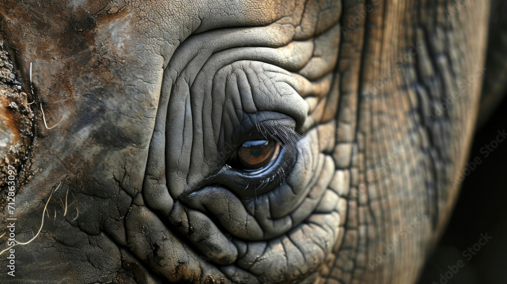 Closeup of a rhinos eye staring straight into the camera capturing the fear and vulnerability of these innocent animals in the face of relentless poaching Closeup of a rhinos eye staring straight into the camera capturing the fear and vulnerability of these innocent animals in the face of relentless poaching