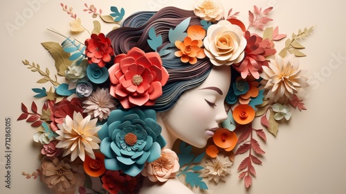 Women's Day hand crafted paper cutout art background, flowers in the shape of a woman's head, in the style of soft gradients