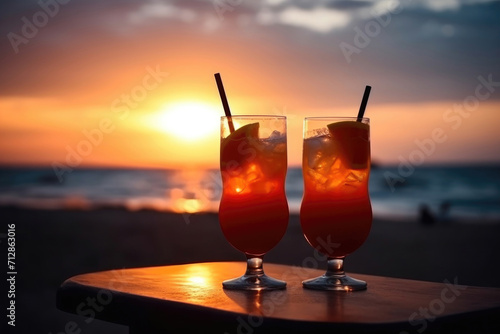 Glass with red, orange cold alcoholic drink on bar table against background of sunset sky. Concept of weekend at sea, tourism, travel, summer vacation, waves, ocean, holiday with friends