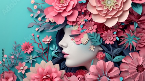 Women's Day hand crafted paper cutout art background, flowers in the shape of a woman's head, in the style of soft gradients