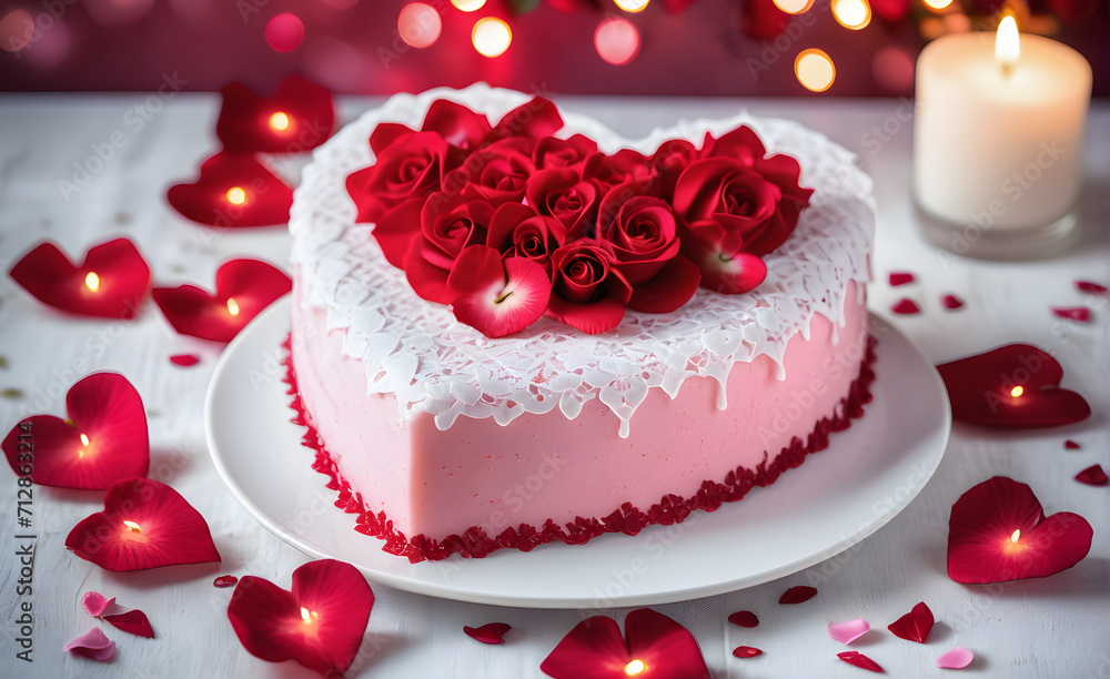 Heart-shaped Valentine's Day cake displayed on a white lace tablecloth, adorned with delicate pink frosting, surrounded by a scattering of red rose petals, romantic mood. Generative AI Heart-shaped Valentine's Day cake displayed on a white lace tablecloth, adorned with delicate pink frosting, surrounded by a scattering of red rose petals, romantic mood. Generative AI