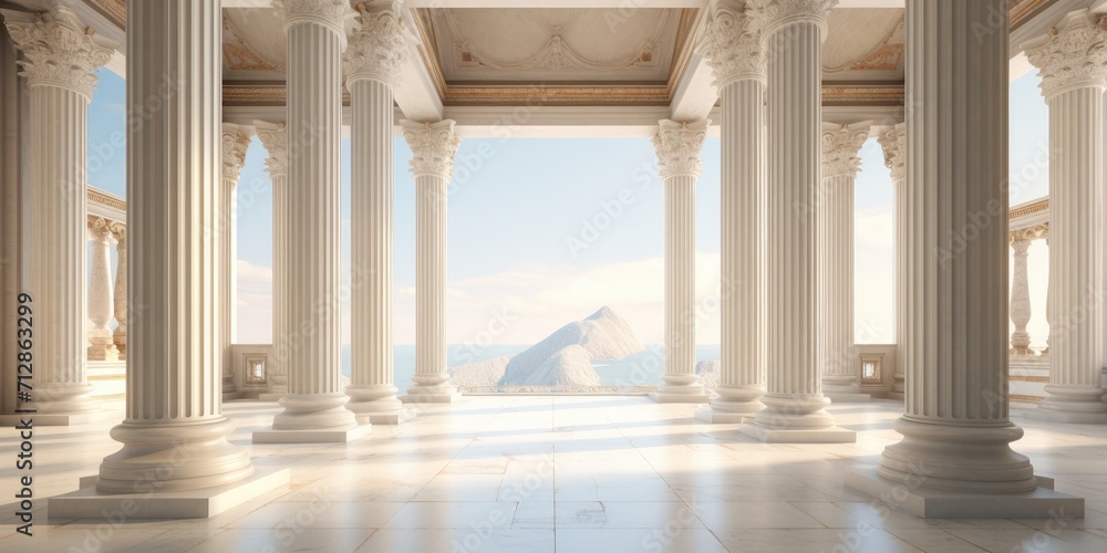 ancient Greek architecture with pillars and a classical marble interior for showcasing a product. - obrazy, fototapety, plakaty 