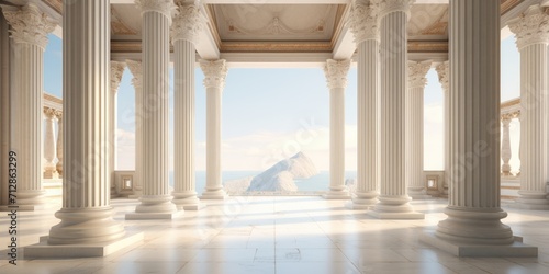ancient Greek architecture with pillars and a classical marble interior for showcasing a product. photo