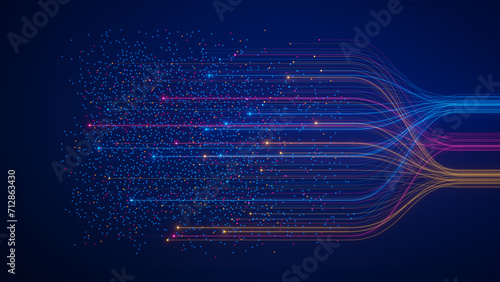 AI neural network analyzing big data. Machine learning and deep learning technology for artificial intelligence. Neurons connected to dataset. Data science, business analytics, automation illustration