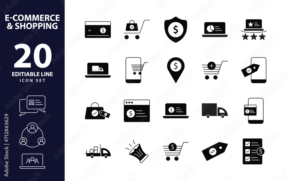 Streamlined e-commerce experience a distinctive set of minimal  black fill web icons for online shopping and efficient delivery comprehensive fill icons collection in simple vector
