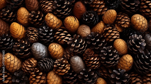 rough pine cones covered with autumn leaves , in the style of precisionist lines and shapes