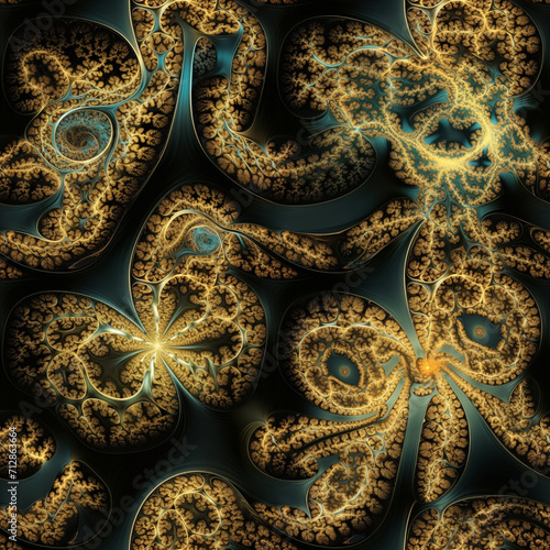 2d top viem on fractal organic shapes golden texture black background, very detailed 