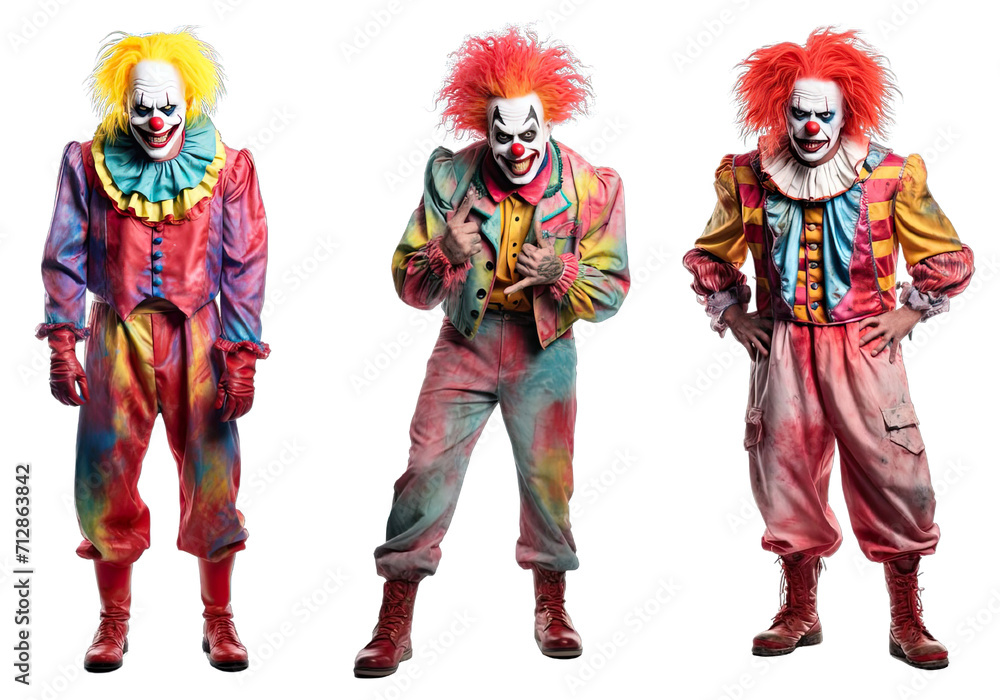 Collection of PNG. Maniac killer clown with colorful hair and joker outfit isolated on transparent background.