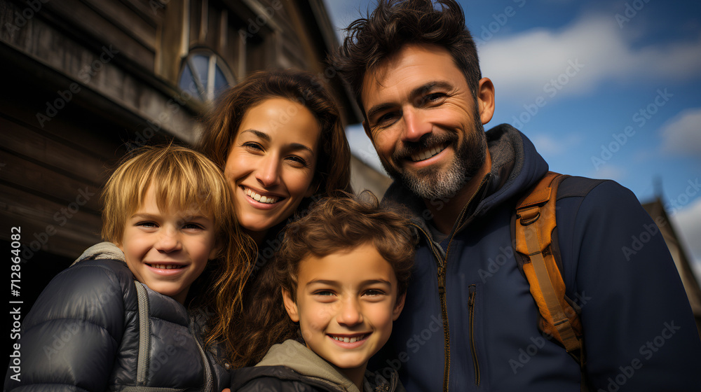Farm Family posing in front of a barn - all-American family - winter - cold weather - low angle shot - wholesome - happy Farm Family posing in front of a barn - all-American family - winter - cold weather - low angle shot - wholesome - happy