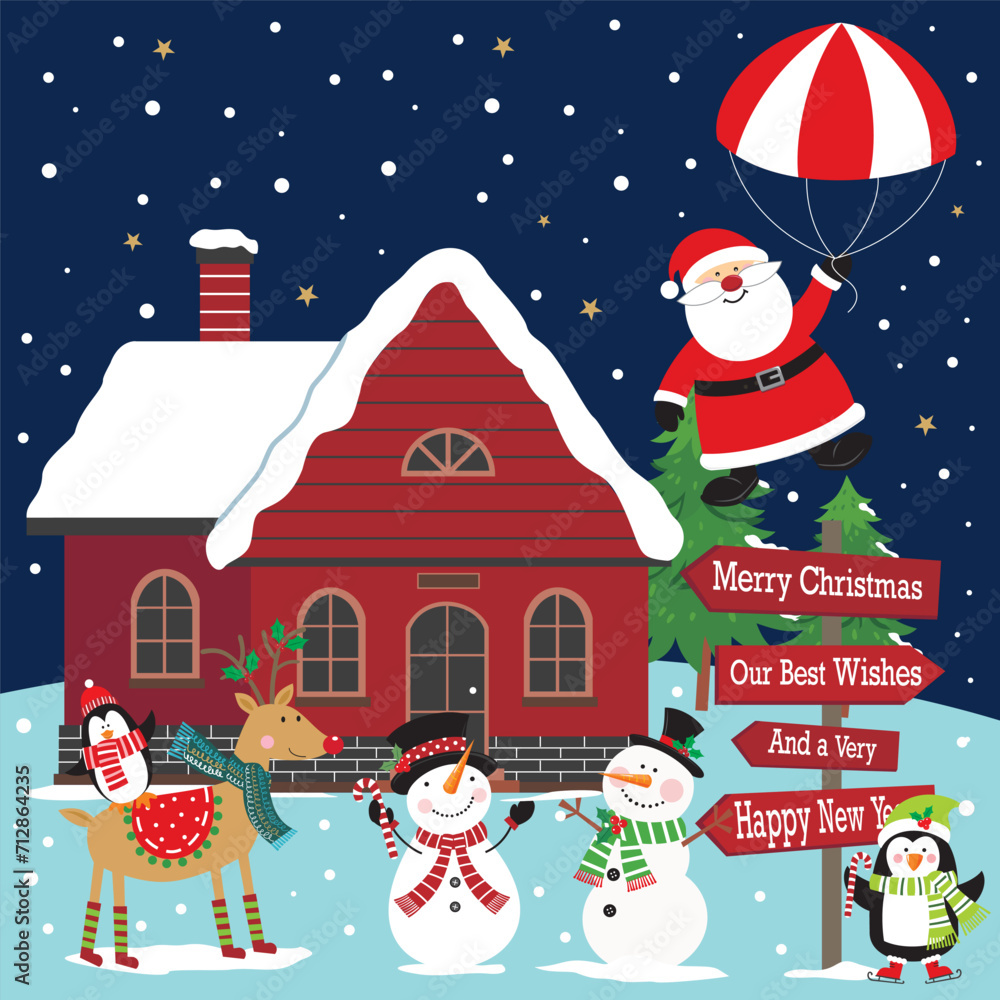 christmas card with santa claus, snoeman, reindeer, penguin and the house