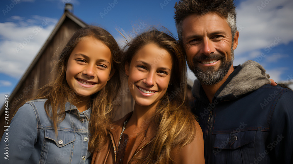 Farm Family posing in front of a barn - all-American family - winter - cold weather - low angle shot - wholesome - happy Farm Family posing in front of a barn - all-American family - winter - cold weather - low angle shot - wholesome - happy