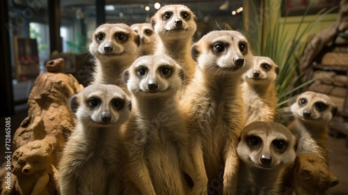 A life-sized sculpture of a group of meerkats, each meticulously crafted to capture their unique postures