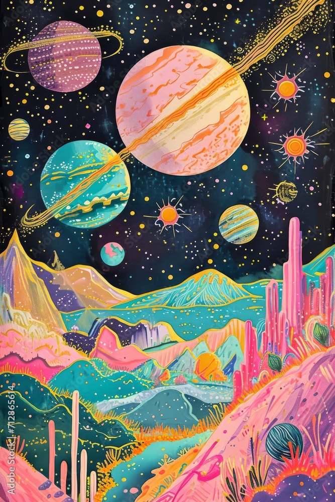  colorful and abstract painting of a planet system.