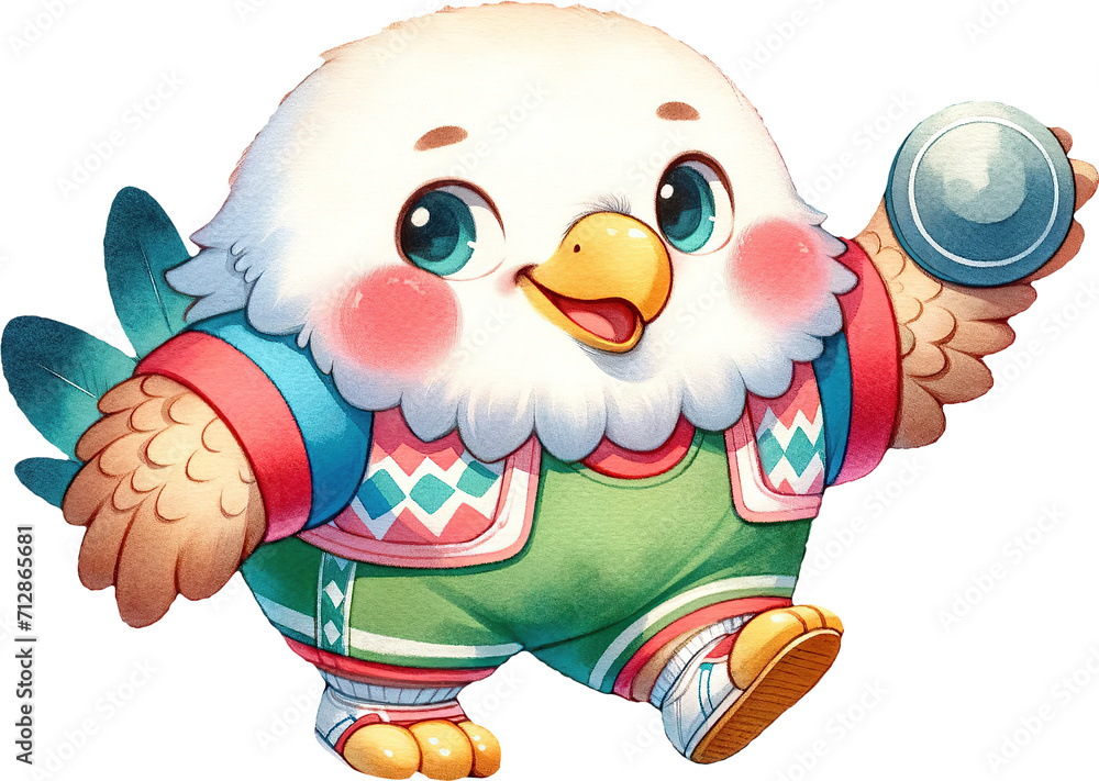 Fototapeta premium cute watercolor cartoon of a chubby falcon playing sports, javelin.