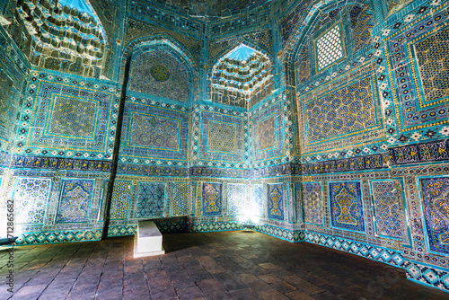 mausoleum luxuriously decorated with patterns. Mausoleum is nameless, conventional name is Alim Nasafi historical complex Shah-i-Zinda. Samarkand, Uzbekistan