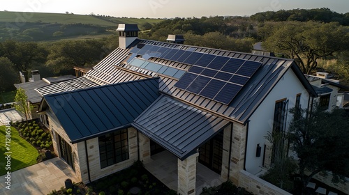 a house with a roof covered in solar panels © progressman