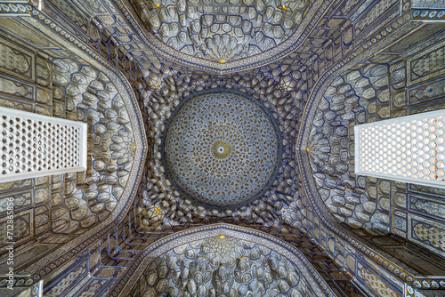 ceiling inside the crypt or mausoleum is in the traditional Uzbek style. Beautiful interior of the complex Shah-i-Zinda or Shah i Zinda