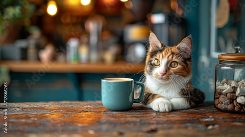 A new morning with a favorite cup of coffee and a cute cat near the window. photo