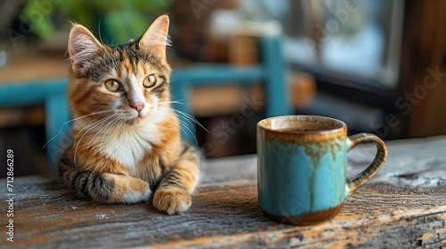 A new morning with a favorite cup of coffee and a cute cat near the window.