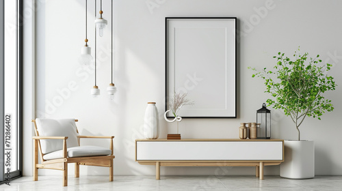 Stylish korean interior of living room with brown mock up poster . Ai Generative