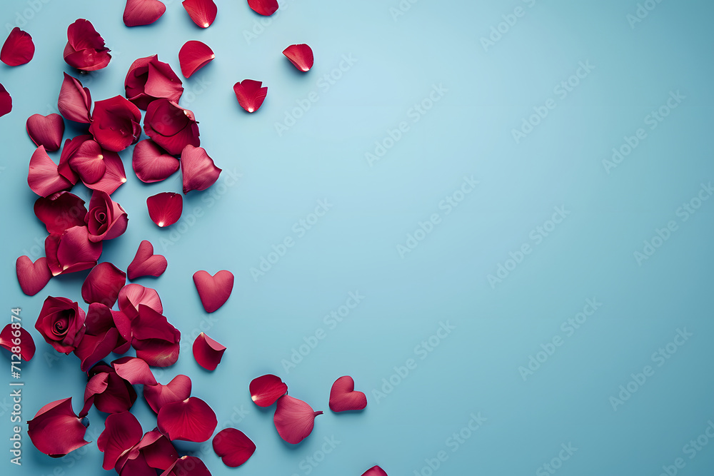 Valentines day background with heart and rose petals. 3d rendering, copy space, celebrating love