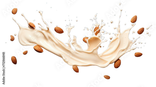 Collection of PNG. Milk splash with almonds isolated on a transparent background.