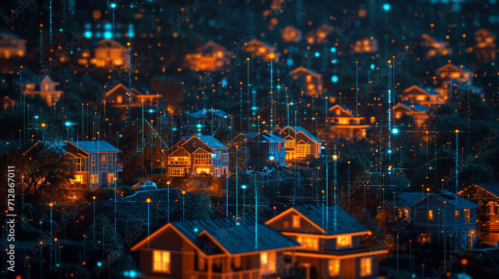 Future-forward neighborhood: Digital community and IoT technology transform suburban living. Nighttime captures the synergy of smart homes in a digitally connected society.
