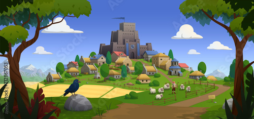 Fairytale panorama with castle, village, sheeps, shepherd, bird, green trees, bushes, mountain range, road and grain fields. Vector cartoon illustration. The illustration is well structured by levels.