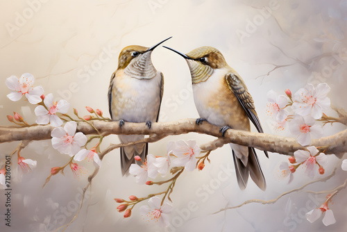 bird on a branch, Tropical background wallpaper watercolor painting of two hummingbirds on an old wooden branch with flowers photo